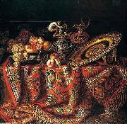 Jacques Hupin A still life of peaches, grapes and pomegranates in a pewter bowl, an ornate ormolu plate and ewers, all resting on a table draped with a carpet oil painting reproduction